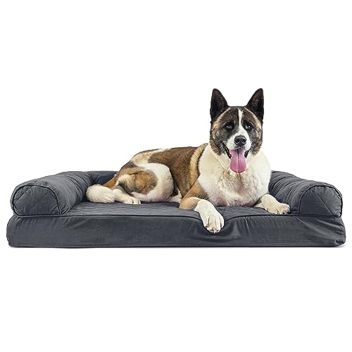 Furhaven Memory Foam Dog Bed for Large Dogs w/ Removable Bolsters & Washable Cover, For Dogs Up to 95 lbs - Quilted Sofa - Iron Gray, Jumbo/XL