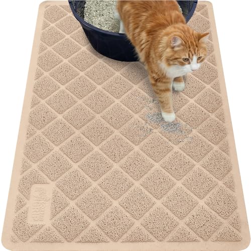 GORILLA GRIP Cat Litter Box Mat, 40x28, Water Resistant, US Designed Kitty Litter Trapping Mats, Easy to Clean, Scatter Control, Less Mess and Clean Floors, Kitten Supplies for Indoor Cats, Beige