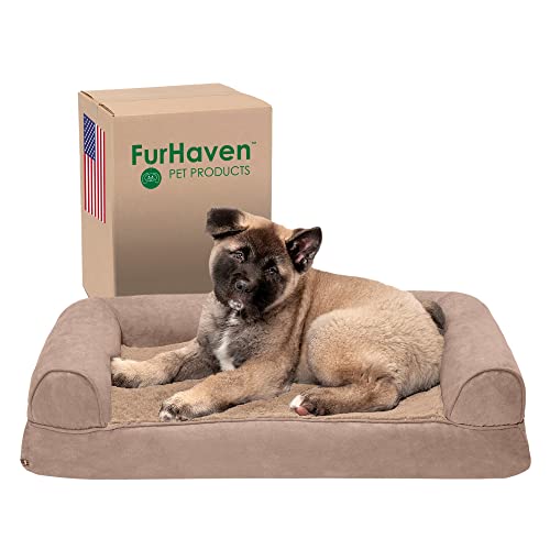 Furhaven Memory Foam Dog Bed for Medium/Small Dogs w/ Removable Bolsters & Washable Cover, For Dogs Up to 35 lbs - Plush & Suede Sofa - Almondine, Medium