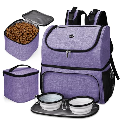 BAGLHER Pet Travel Bag, Double-Layer Pet Supplies Backpack (for All Pet Travel Supplies), Pet Travel Backpack with 2 Silicone Collapsible Bowls and 2 Food Baskets Purple