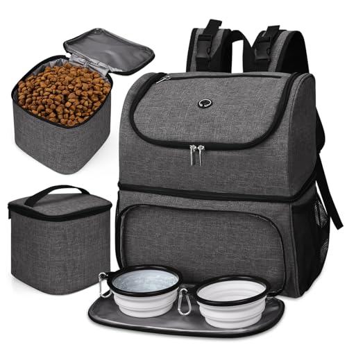 BAGLHER Pet Travel Bag, Double-Layer Pet Supplies Backpack (for All Pet Travel Supplies), Pet Travel Backpack with 2 Silicone Collapsible Bowls and 2 Food Baskets Grey