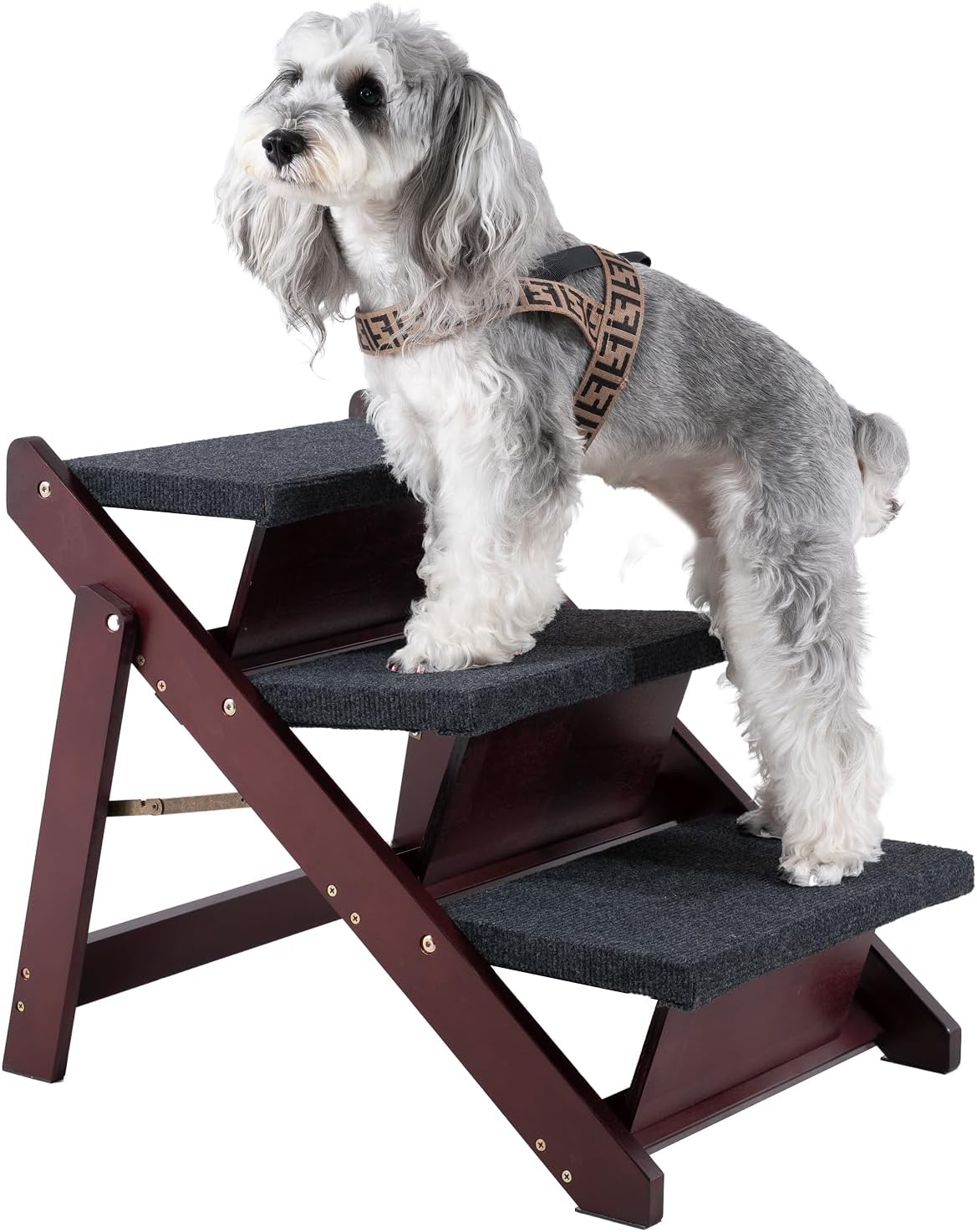 MEWANG Wooden Pet Stairs/Pet Steps - 3-in-1 Foldable Stairs & Ramp for Beds and Cars - Portable Dog/Cat Ladder Up to 220 Pounds - Great for Small and Older Animals(Brown) (24.8" L x 17.2" W x 19.5" H)