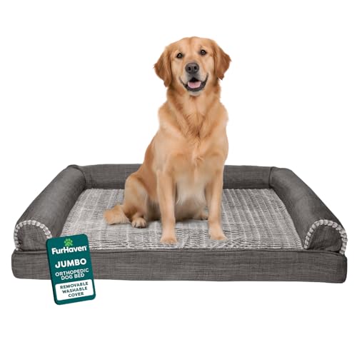 Furhaven Orthopedic Dog Bed for Large Dogs w/ Removable Bolsters & Washable Cover, For Dogs Up to 95 lbs - Luxe Faux Fur & Performance Linen Sofa - Charcoal, Jumbo/XL