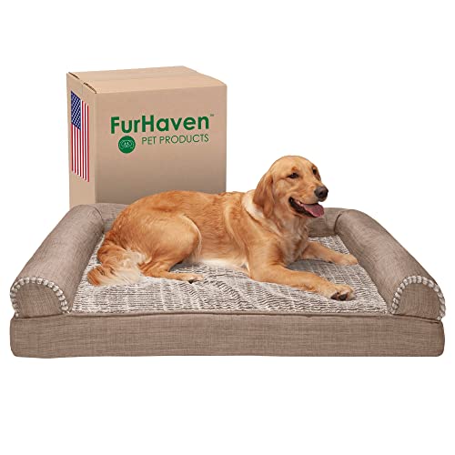 Furhaven Cooling Gel Dog Bed for Large Dogs w/ Removable Bolsters & Washable Cover, For Dogs Up to 95 lbs - Luxe Faux Fur & Performance Linen Sofa - Woodsmoke, Jumbo/XL