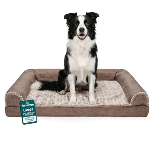 Furhaven Orthopedic Dog Bed for Large/Medium Dogs w/ Removable Bolsters & Washable Cover, For Dogs Up to 55 lbs - Luxe Faux Fur & Performance Linen Sofa - Woodsmoke, Large