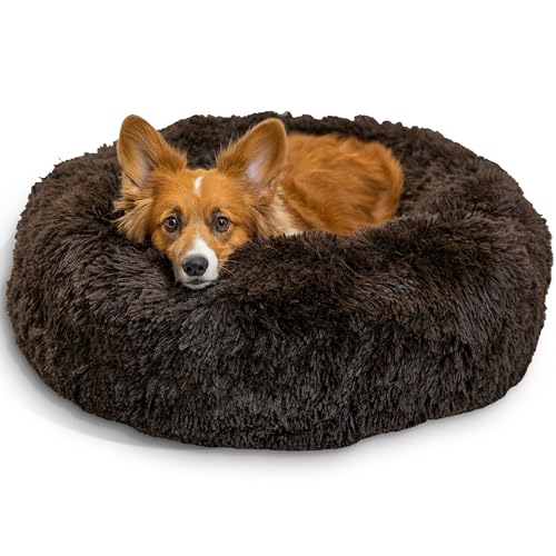 Best Friends by Sheri Original Calming Donut Dog and Cat Bed, Shag Faux Fur, Dark Brown, (30in x 30in) - Anxiety Relief for Pets Up to 45 lbs