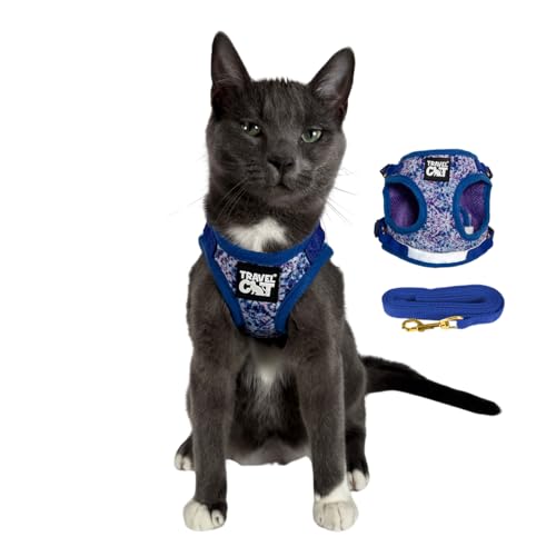 Travel Cat Harness and Leash Set - Adjustable Fit Mesh Cat Harness and Reflective Strap - Comfort Walking Vest for Kitten for Outdoor Walking, Hiking (Medium, Groovy)