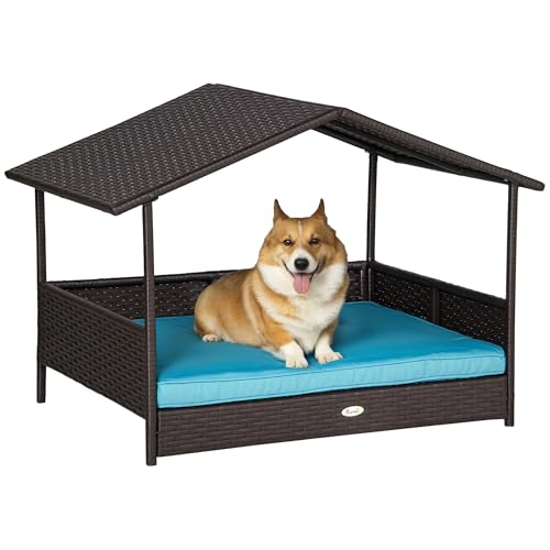 PawHut Wicker Dog House Outdoor with Canopy, Rattan Dog Bed with Water-Resistant Cushion, Raised Pet Bed for Small, Medium Breeds up to 66 lbs, 20" in Length, Brown Wicker, Blue Cushion