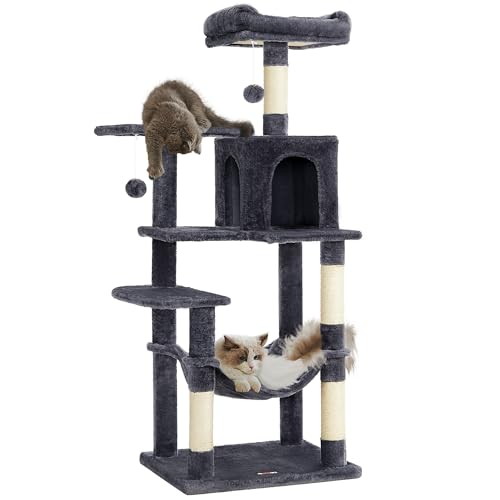 Feandrea Cat Tree, 56.3-Inch Cat Tower for Indoor Cats, Multi-Level Cat Condo with 4 Scratching Posts, 2 Perches, Hammock, Cave, Smoky Gray UPCT161G01