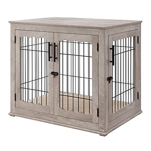 beeNbkks Furniture Style Dog Crate End Table, Double Doors Wooden Wire Dog Kennel with Pet Bed, Decorative Pet Crate Dog House Indoor Medium Large