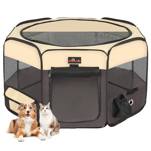 Aivituvin Portable Pet Playpen, Foldable Dog Tent Crate Cage for Puppies and Cats, Exercise Pop Up Dog Kennel with Carrying Case Indoor Outdoor, Waterproof and Zipper Top Cover Door, Brown