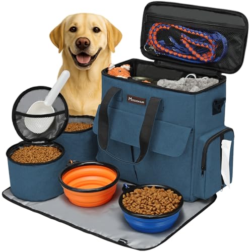 Modoker Dog Travel Bag, Weekend Pet Travel Set for Dog and Cat, Airline Approved Tote Organizer with Multi-Function Pockets, 2 Food Storage Containers, 2 Collapsible Bowls, 1 Feeding Mat (Blue)