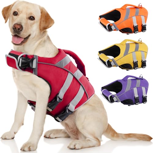 Kuoser Dog Life Jacket with Reflective Stripes - Adjustable High Visibility Vest, Ripstop Lifesaver, Pet Preserver with High Flotation Swimsuit for Small, Medium and Large Dogs