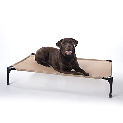 K&H Pet Products Outdoor Elevated Dog Cot, Cooling Raised Bed with Waterproof Breathable Mesh for Large Dogs, Portable Place Bed with Heavy-Duty Metal Frame, Big Hammock Style - Large Tan