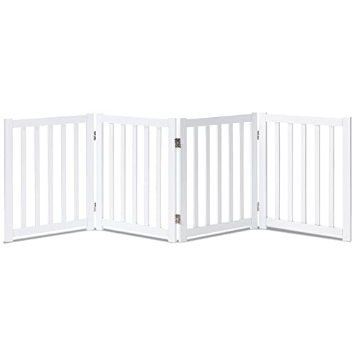 LZRS 4-Panel Wooden Free Standing Foldable Dog Gate Indoor  24" High, Extra Wide Step-Over Safety Pet Gate for Doorways, Stairs, Hallways, Large Spaces & Playpen for Puppies Indoor Use, White