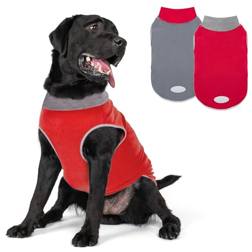 cyeollo 2 Pack Dog Sweater Sweatshirt Stretchy Soft Fleece Vest Pullover with Reflective Stripe Dog Jacket Lightweight Pet Clothes for Medium Dogs Grey & Red