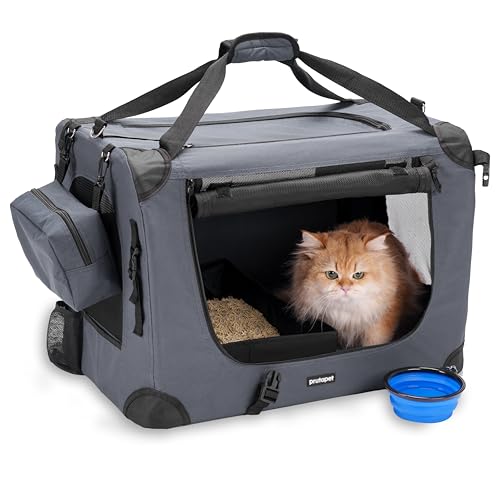 Large Cat Carrier 24"x16.5"x16.5" Soft-Sided Portable Pet Crate for Car Traveling with Collapsible Litter Box and Bowl