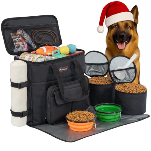 Modoker Dog Travel Bag with 2 Collapsible Dog Bowls, 1 Dog Backpack, Airline Approved Pet Travel BagOrganizer for Supplies & Accessories, 2 Travel Dog Food Container, Black