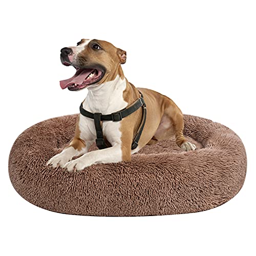 Coohom Oval Calming Donut Cuddler Dog Bed, Shag Faux Fur Cat Bed Washable Round Pillow Pet Bed(30"/36"/43") for Small Medium Dogs (XXL(43"x34"x8"), Camel)