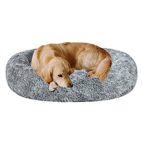 Coohom Oval Calming Donut Cuddler Dog Bed,Shag Faux Fur Cat Bed Washable Round Pillow Pet Bed(30"/36"/43") for Small Medium Dogs (XXL(43"x34"x8"), Grey)