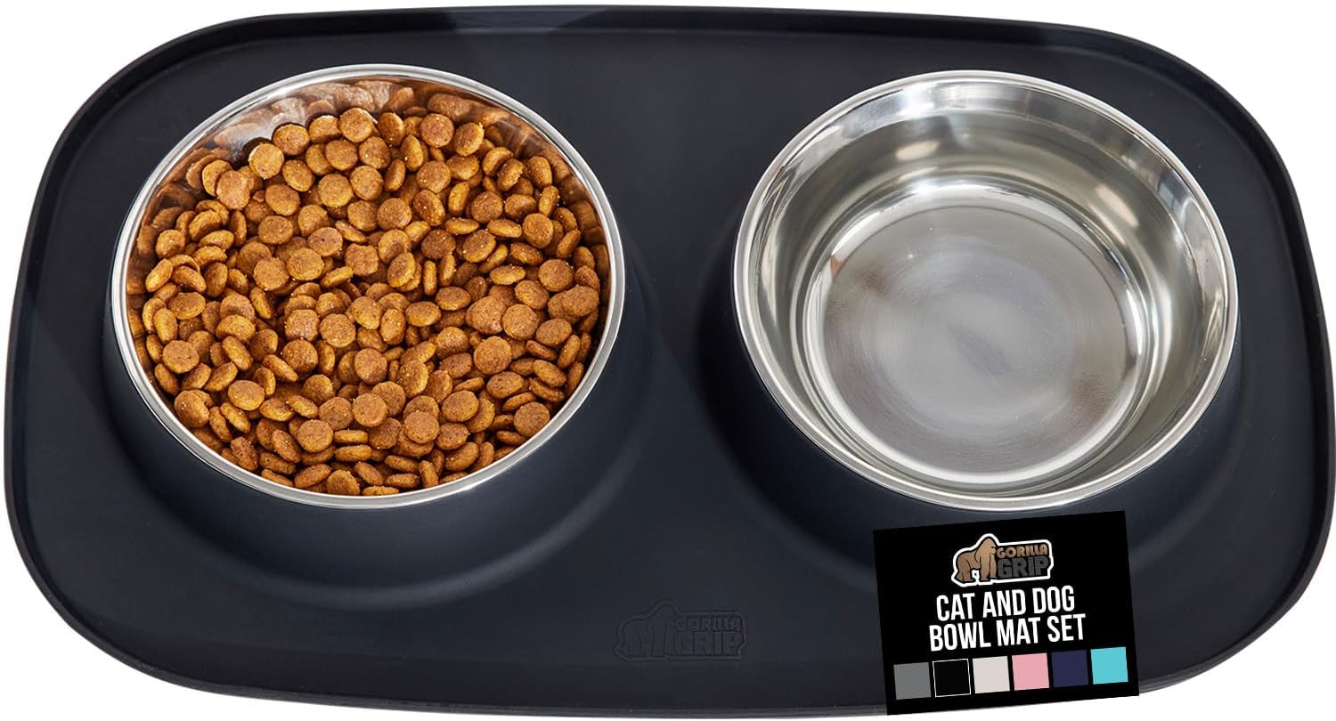 GORILLA GRIP Feeding Mat Set, 4 Cup, Patent Pending 100% Waterproof BPA Free Silicone, Stainless Steel Cat and Dog Bowls, Slip Resistant, High Edges Catch Water Food, US Designed Pet Accessories Black