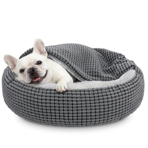 SIWA MARY Dog Bed with Attached Blanket for Small Dogs or Cats, Soft Plush Cozy Donut Cuddler Hooded Pet Beds Washable. Round Puppy Bed Orthopedic, Calming Cat Cave Bed. Anti-Slip Bottom 26inch