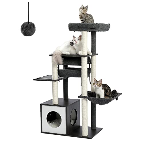 PEQULTI 51.4 Inches Modern Cat Tree Premium 6 Levels Wooden Cat Tower with Fully Sisal Covered Scratching Posts, Cozy Condo, Spacious Perch, Super Large Hammock and Swing Tunnel for Indoor Cats Gray
