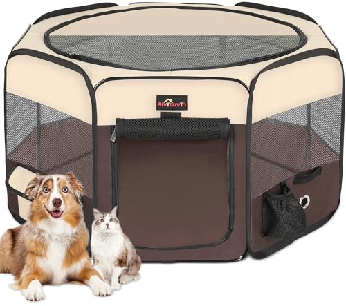 Aivituvin Dog Playpen Foldable Waterproof Pet Play Pens for Cat, Puppies, Rabbits, Chickens, Durable Portable Pet Tent for Travel Camping Indoor/Outdoor Brown XL