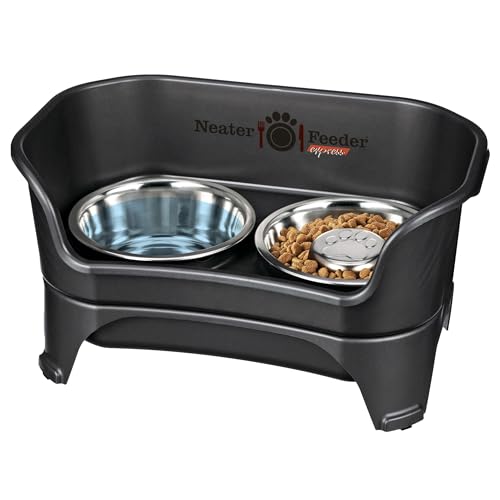 Neater Feeder - Express Model w/ Slow Feed Bowl - Mess-Proof Dog Bowls (M/L, Black) Made in USA Elevated, No Spill, Non-Tip, Non-Slip, Raised Stainless Steel Food/Water Pet Bowls Aid Digestion