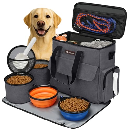 Modoker Airline Approved Pet Travel Bag, Weekend Dog Travel Set for Dog and Cat, Airline Approved Tote Organizer with Multi-Function Pockets 2 Food Storage Containers, 2 Collapsible Bowls (Dark Gray)