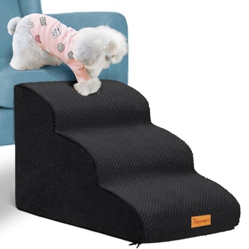 Topmart 3 Tiers Foam Dog Ramps/Steps,Non-Slip, Extra Wide Deep Dog Stairs,High Density Foam Pet Stairs/Ladder,Best for Older Cats,Small Pets,Black