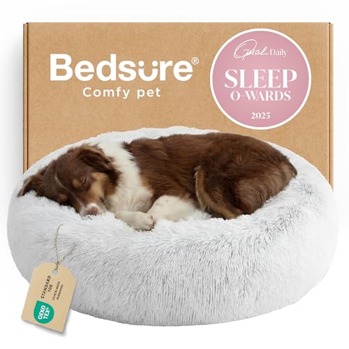 Bedsure Calming Dog Bed for Large Dogs - Donut Washable Large Pet Bed, 36 inches Anti-Slip Round Fluffy Plush Faux Fur Dog Bed, Fits up to 80 lbs Pets, Frost Grey