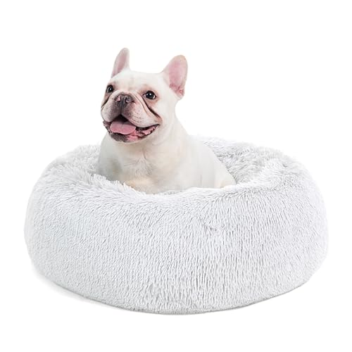 Bedsure Calming Dog Bed for Medium Dogs - Donut Washable Medium Pet Bed, 30 inches Anti-Slip Round Fluffy Plush Faux Fur Cat Bed, Fits up to 45 lbs Pets, Frost Grey
