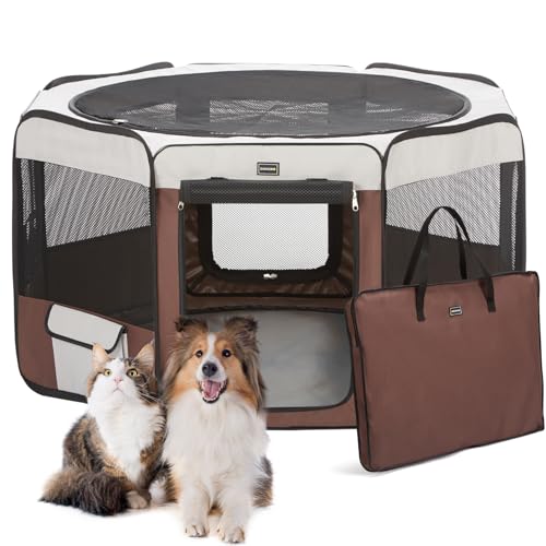 DONORO Dog Playpen 46" Portable Pet Play Pens for Small Medium Dogs, Foldable Exercise Kennel Tent Crate Indoor/Outdoor Travel Camping, Removable Top/Bottom (Brown, Large (46"x46"x23"), 8)
