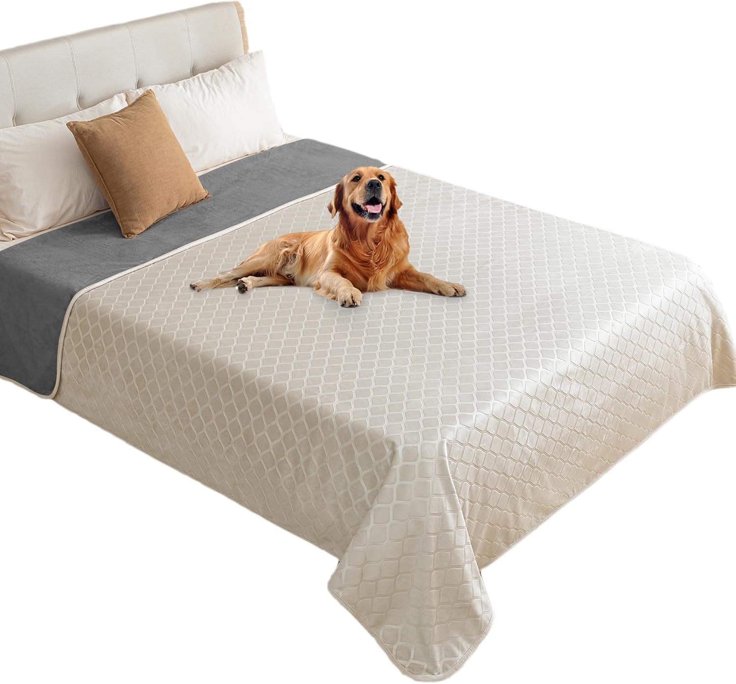 fuguitex Waterproof Dog Blanket Bed Cover Dog Crystal Velvet Moroccan Fuzzy Cozy Plush Pet Blanket Throw Blanket for Couch Sofa(82 * 102 inch, Cream+Grey)