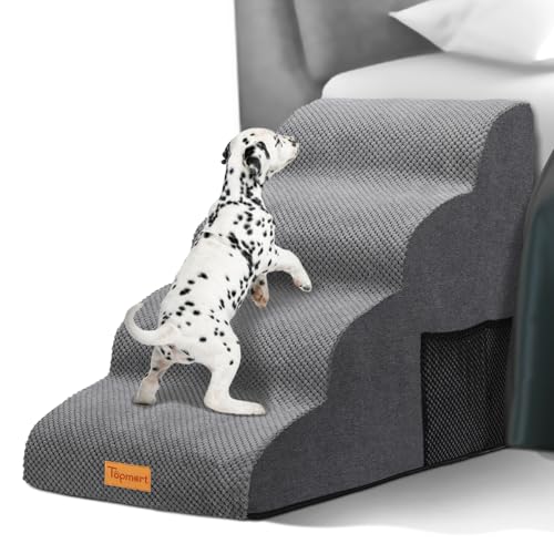 Topmart High Density Foam Dog Steps 4 Tiers,Extra Wide Deep Pet Steps,Non-Slip Dog Stairs Ramp for Bed,Soft Foam Cat Ladder,Best for Older Injured,Older Pets,Cats with Joint Pain