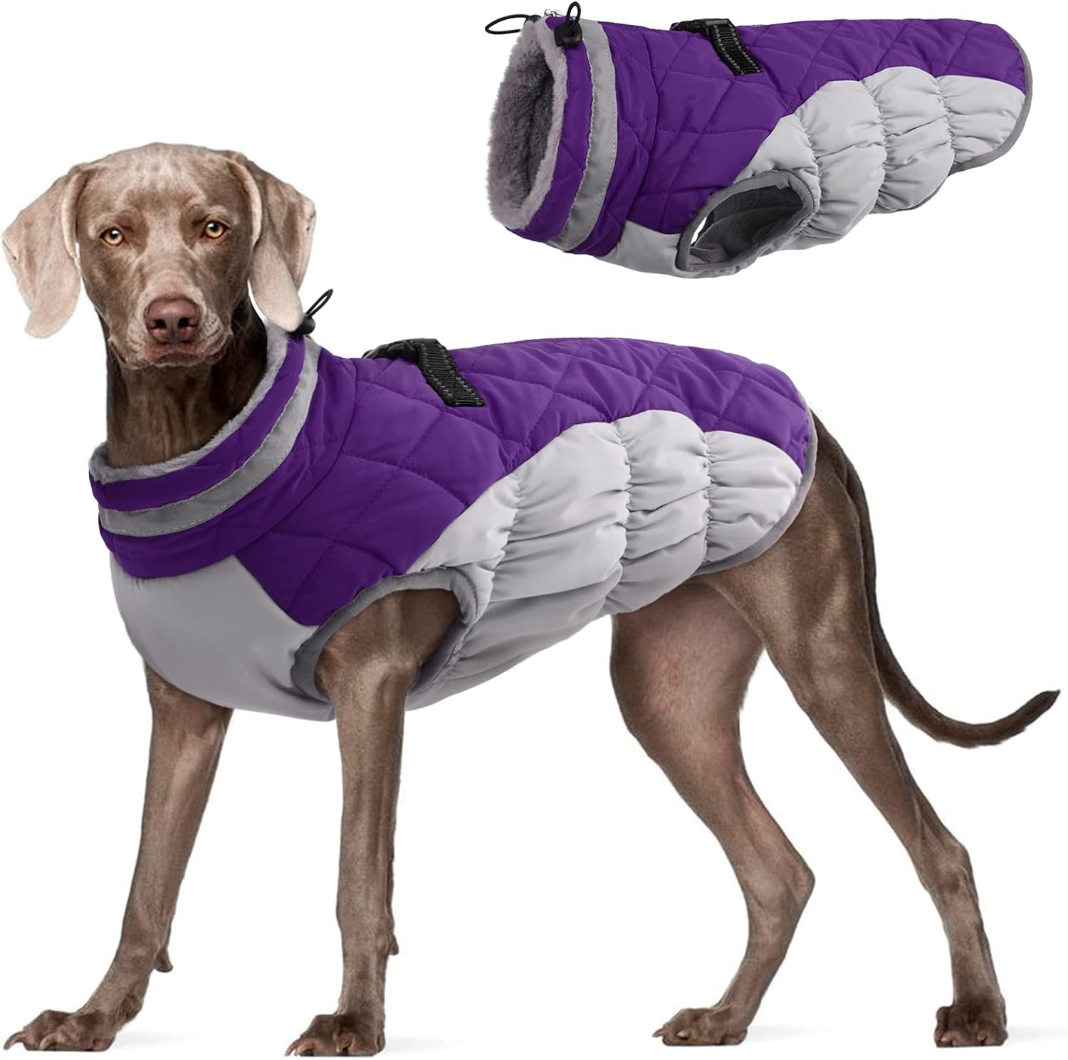 FUAMEY Dog Coat for Large Dogs, Waterproof Dog Winter Jacket with Harness Built in Puppy Cold Weather Coats Reflective Pet Vest with Zipper Warm Fleece Dogs Snowsuit Windproof Purple XL