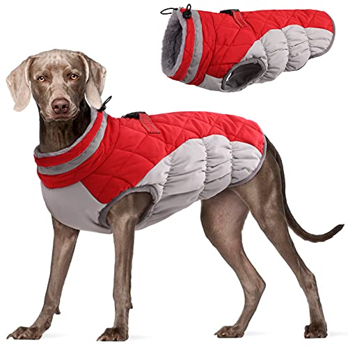 FUAMEY Dog Coat for Large Dogs,Waterproof Dog Winter Jacket with Harness Built in Puppy Cold Weather Coats Reflective Pet Vest with Zipper Warm Fleece Dogs Snowsuit Windproof Red L