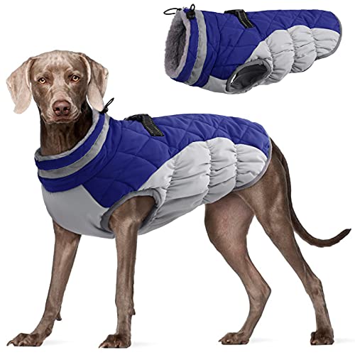 FUAMEY Dog Coat for Large Dogs,Waterproof Dog Winter Jacket with Harness Built in Puppy Cold Weather Coats Reflective Pet Vest with Zipper Warm Fleece Dogs Snowsuit Windproof Blue L