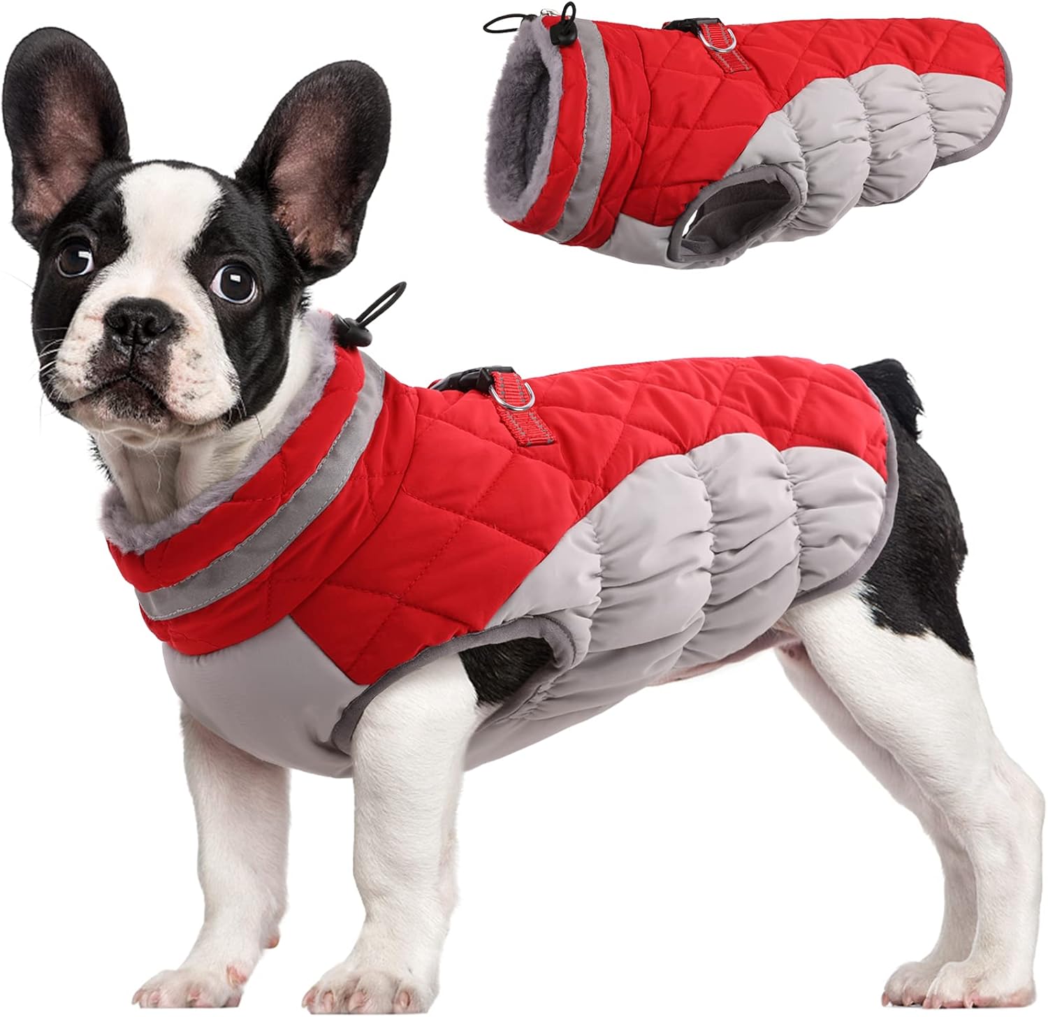 FUAMEY Dog Coat for Medium Dogs, Waterproof Dog Winter Jacket with Harness Built in Puppy Cold Weather Coats Reflective Pet Vest with Zipper Warm Fleece Dogs Snowsuit Windproof Red M