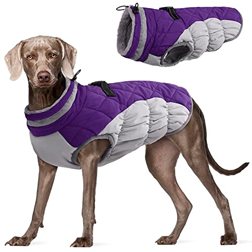 FUAMEY Dog Coat for Large Dogs,Waterproof Dog Winter Jacket with Harness Built in Puppy Cold Weather Coats Reflective Pet Vest with Zipper Warm Fleece Dogs Snowsuit Windproof Purple L