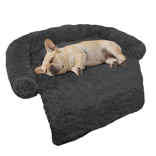 Calming Dog Bed Fluffy Plush Dog Mat for Furniture Protector with Removable Washable Cover for Large Medium Small Dogs and Cats (Small(35x31x5), Dark Grey)