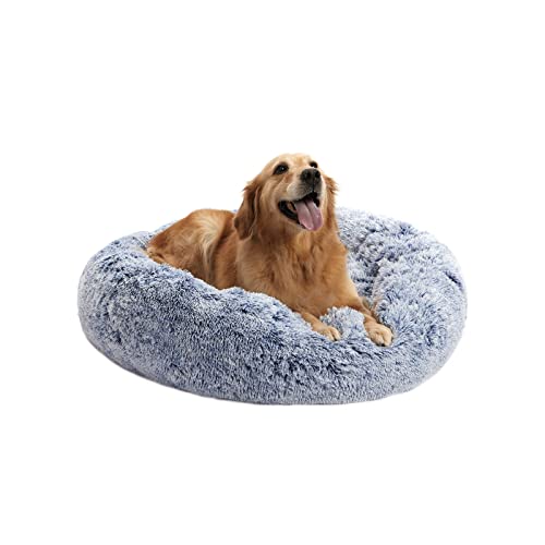 Bedfolks Calming Donut Dog Bed - 36 Inch Round Plush Beds for Large Dogs, Anti-Anxiety Machine Washable (Navy Blue, Large)