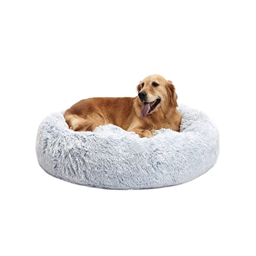 Bedfolks Calming Donut Dog Bed, 36 Inches Round Fluffy for Large Dogs, Anti-Anxiety Plush, Machine Washable (Light Blue, Large)