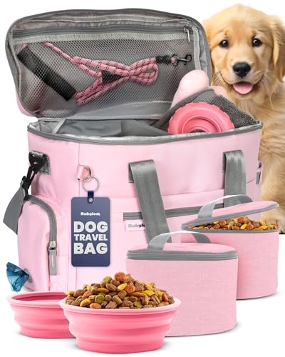 The Original Doggy BagTM - Complete Dog Travel Bag for Supplies with 2 BPA-Free Travel Bowls & 2 Pet Food Containers - A Dog Mom Gift for Day Trips, Camping, Road Trips & Weekends Away - Lt. Pink
