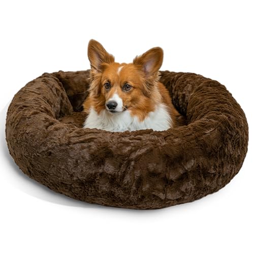 Best Friends by Sheri Original Calming Donut Dog and Cat Bed, Lux Faux Fur, Dark Brown, (30in x 30in) - Anxiety Relief for Pets Up to 45 lbs