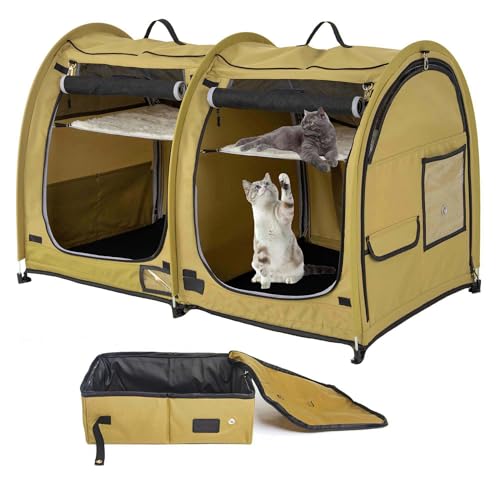 porayhut Mispace Portable Twin Compartment Show House Cat Cage/Condo - Easy to Fold & Carry Kennel - Comfy Puppy Home & Dog Travel Crate with Portable Carry Bag/Hammocks/Mats and Litter Box