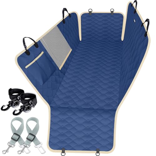 Lassie Dog Car Seat Covers for Back Seat with 2 Seat Belts, Waterproof Dog Car Hammock with Mesh Window Durable Scratch Proof Nonslip Pet Carseat Covers Universal Fit Protector for Cars, Trucks & SUVs