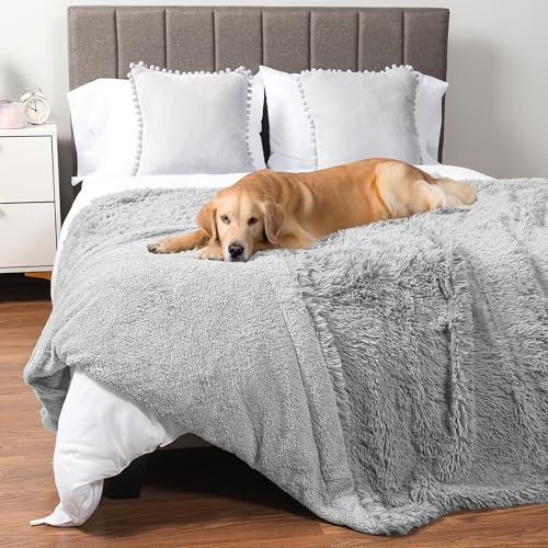 PetAmi Waterproof Dog Blanket for Large Dog, Calming Pet Blanket Bed Couch Cover Protector, Washable Sherpa Faux Fur Throw for Sofa Furniture Protection, Soft Fluffy 60x80 Light Gray