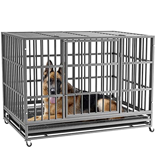 LEMBERI 48/38 inch Heavy Duty Indestructible Dog Crate, Escape Proof Dog Cage Kennel with Lockable Wheels,High Anxiety Double Door Dog Crate,Extra Large Crate Indoor for Large Dog with Removable Tray